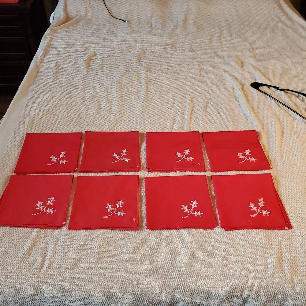 Vintage Red Cloth Napkins Set of 8‎ red Cross Stitch Embroidery 15.5